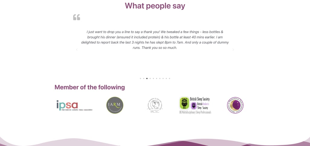 A screenshot of testimonials and membership certifications of Sleep Matters with Lucy Wolfe